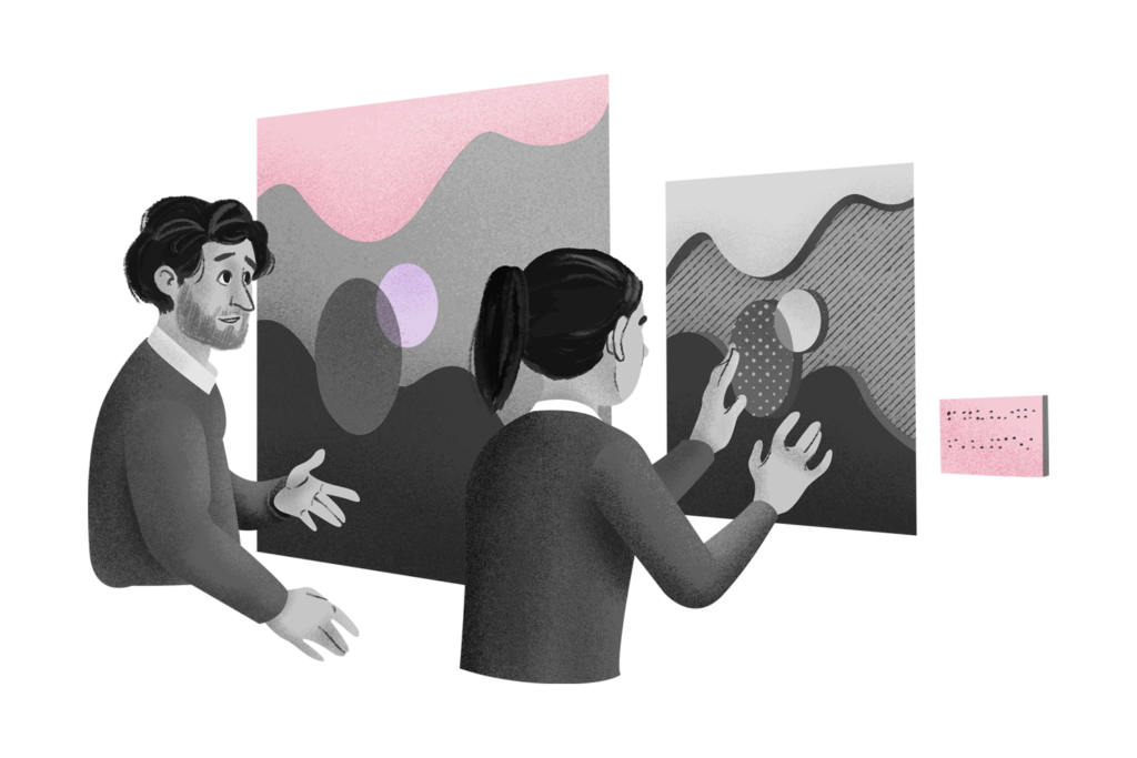illustration de deux personne devant des tableaux